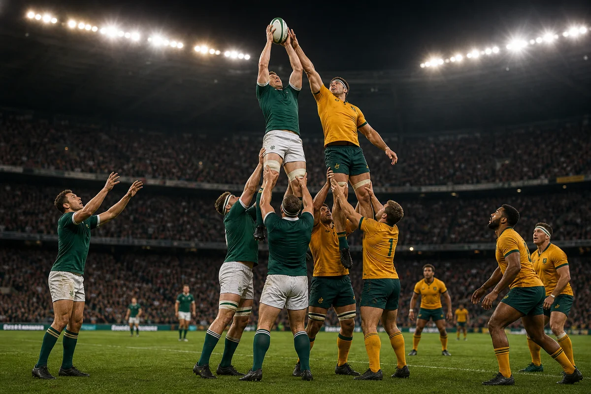 Green and gold rugby forwards form a lineout as lifted jumpers contest a single ball thrown down the middle corridor.