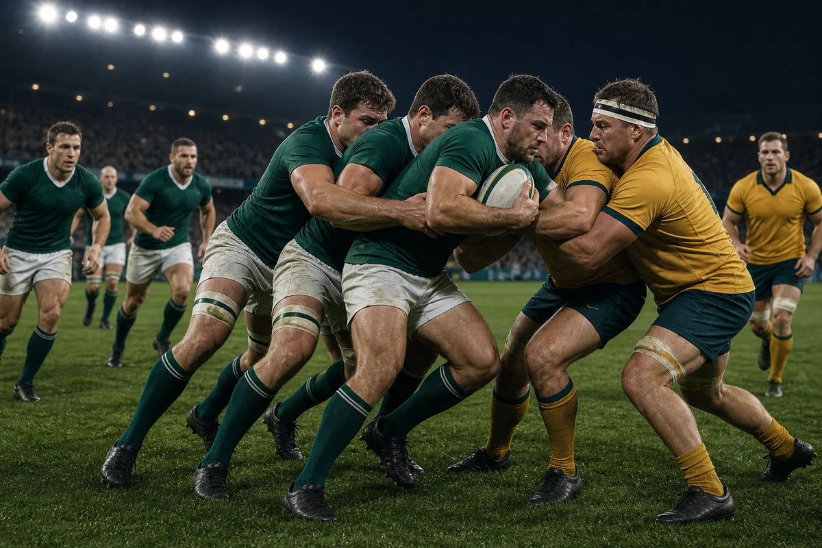 A green ball-carrier remains upright with the ball as bound teammates drive against gold defenders in a rugby maul.