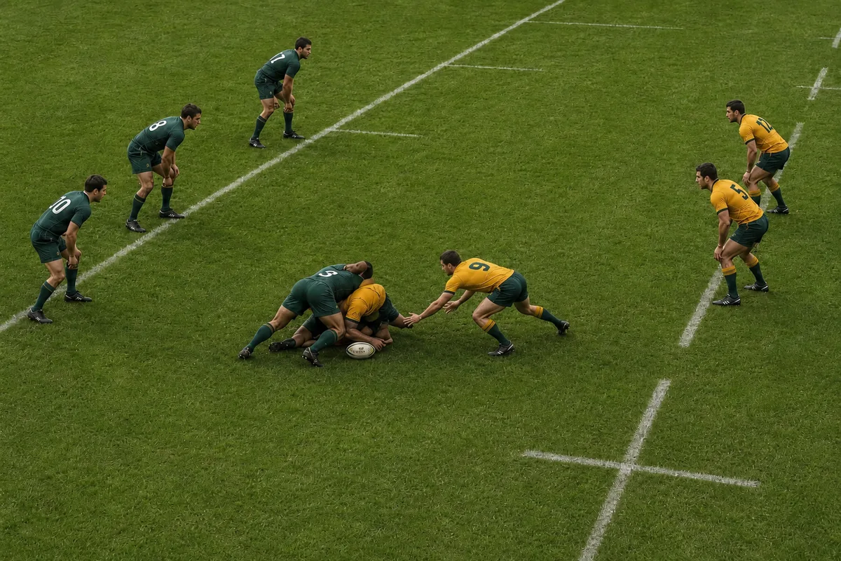 Green defenders and gold attackers hold flat lines behind their respective sides of a central ruck.