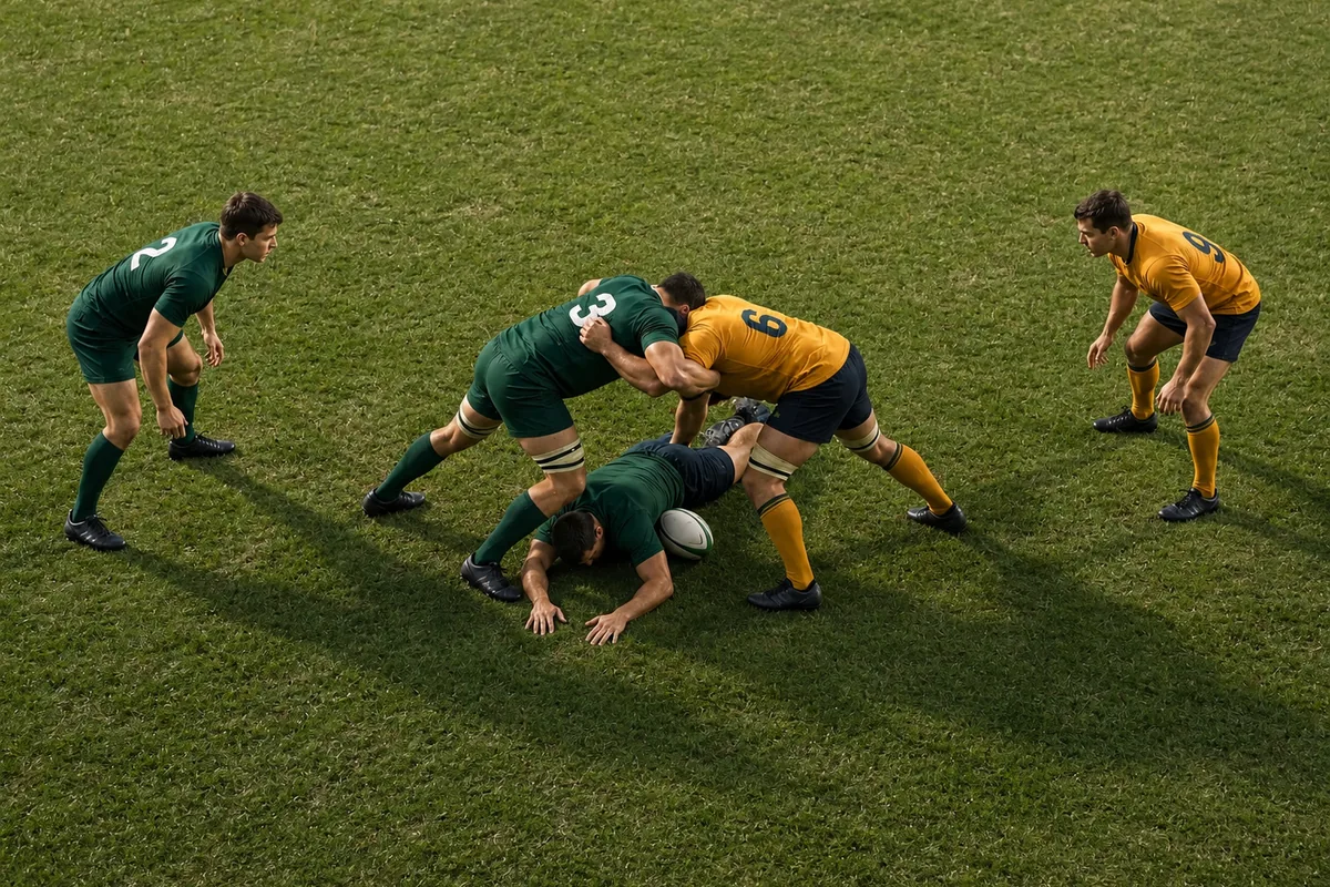 Green and gold players form a ruck over the ball while supporting players hold position.