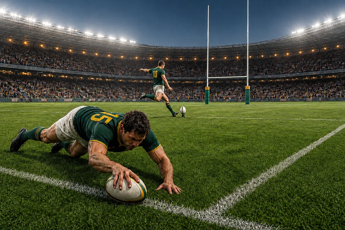 A player grounds the ball over the try-line while a teammate takes a kick at goal.