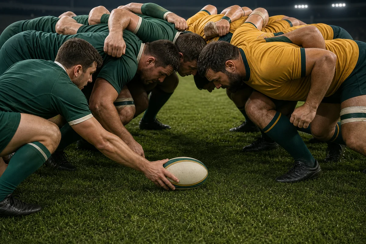The green and gold front rows bind squarely as a scrum-half feeds the rugby ball into the central tunnel.