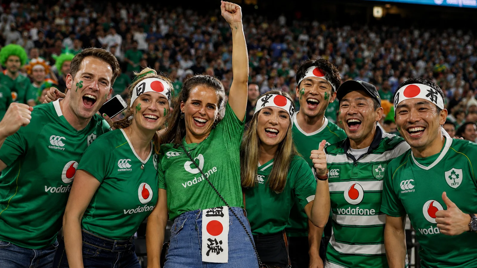 A diverse group of rugby supporters in green jerseys celebrate together in a packed stadium